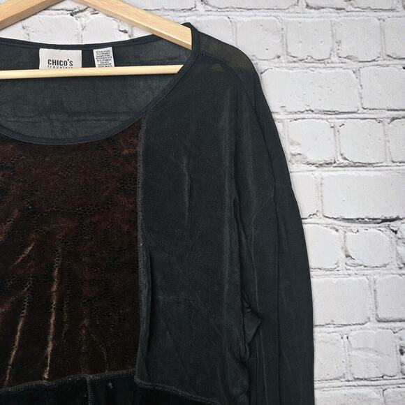 Vintage Chicos Travelers 90s Boho Patchwork Velvet Accent Blouse Size 2 - Picture 4 of 12
